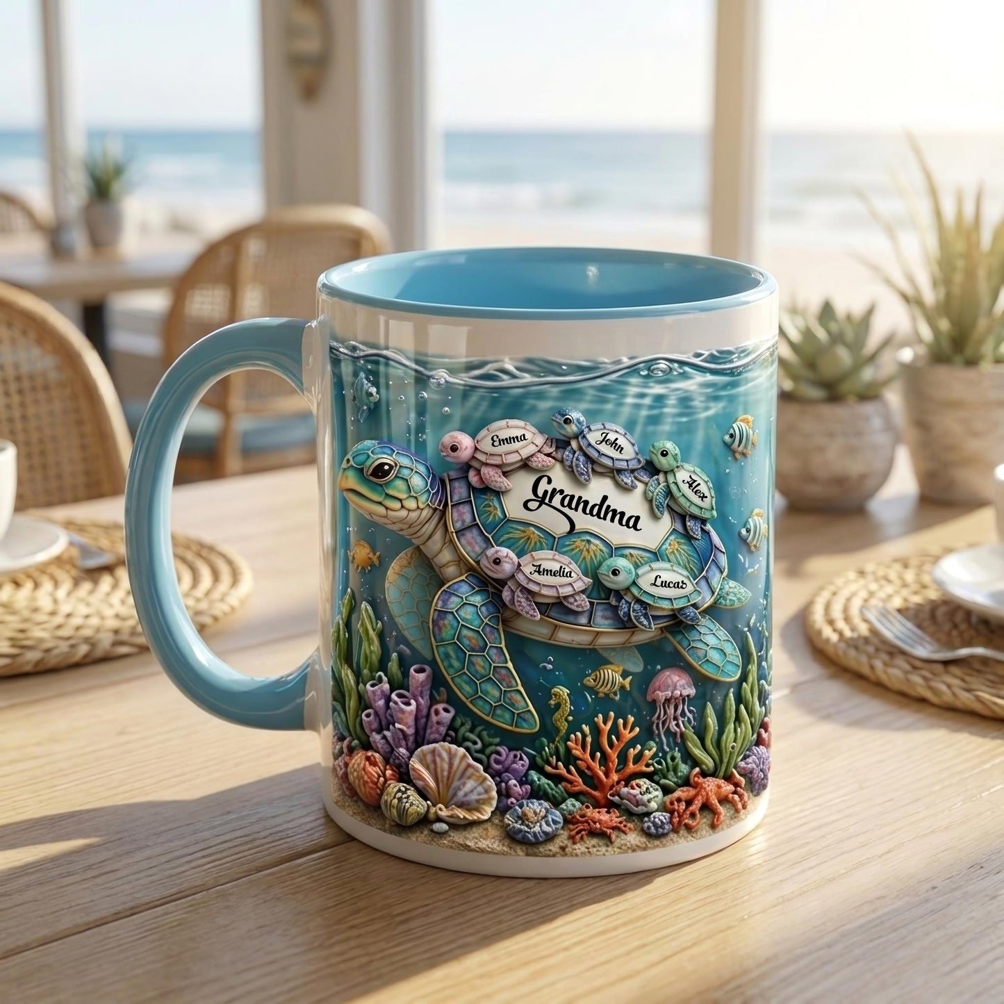 Grandma Mug, Personalized Family Name Mug, Gift for Grandma, Ocean Theme Coffee Mug, Nana Gift