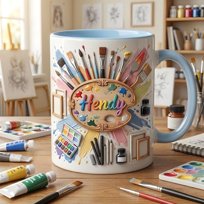 Artist Mug, Personalized Painter Mug, Custom Name Art Gift, Paint Brush Coffee Cup, Gift for Artist