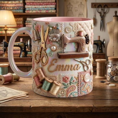 Personalized Sewing Mug Custom Name Craft Coffee Cup Sewing Machine Design