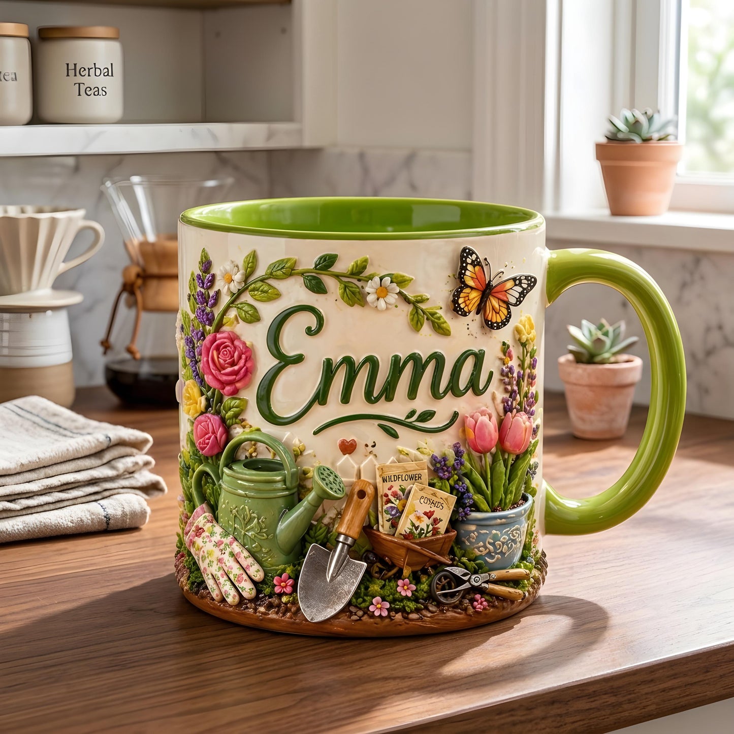 Personalized Mom Mug, Custom Name Floral Mug, Gardening Gift for Mom, Flower Coffee Cup