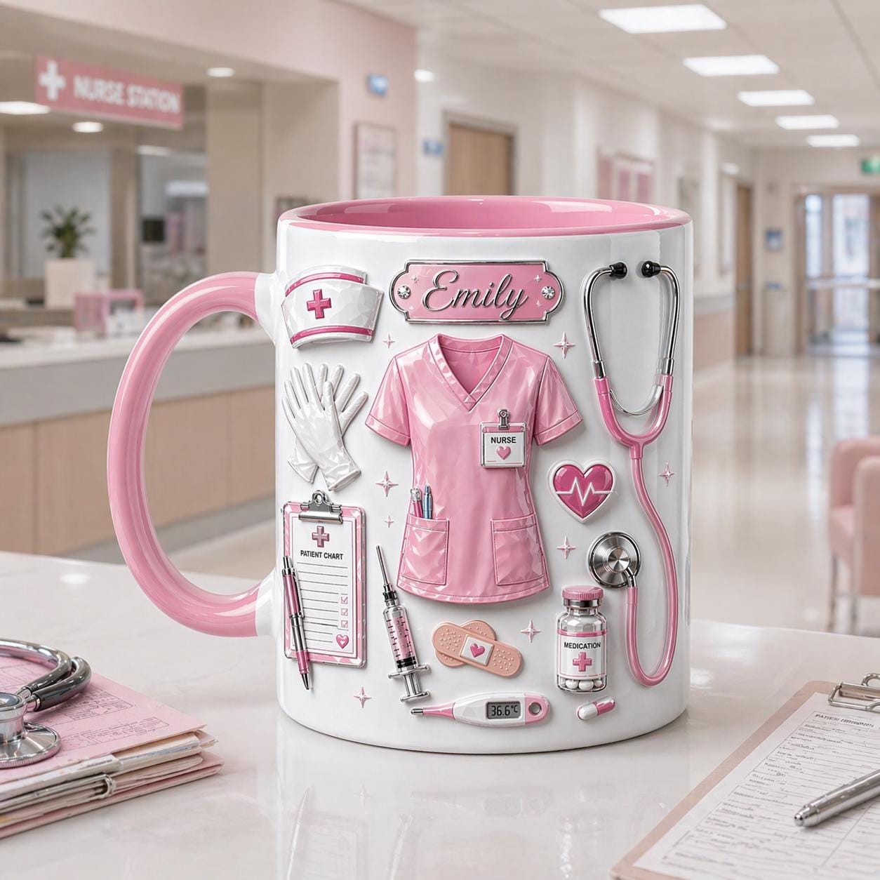 Personalized Nurse Life Embossed Mug, Custom Name Coffee Cup, Nurse Gift, Medical Staff Mug
