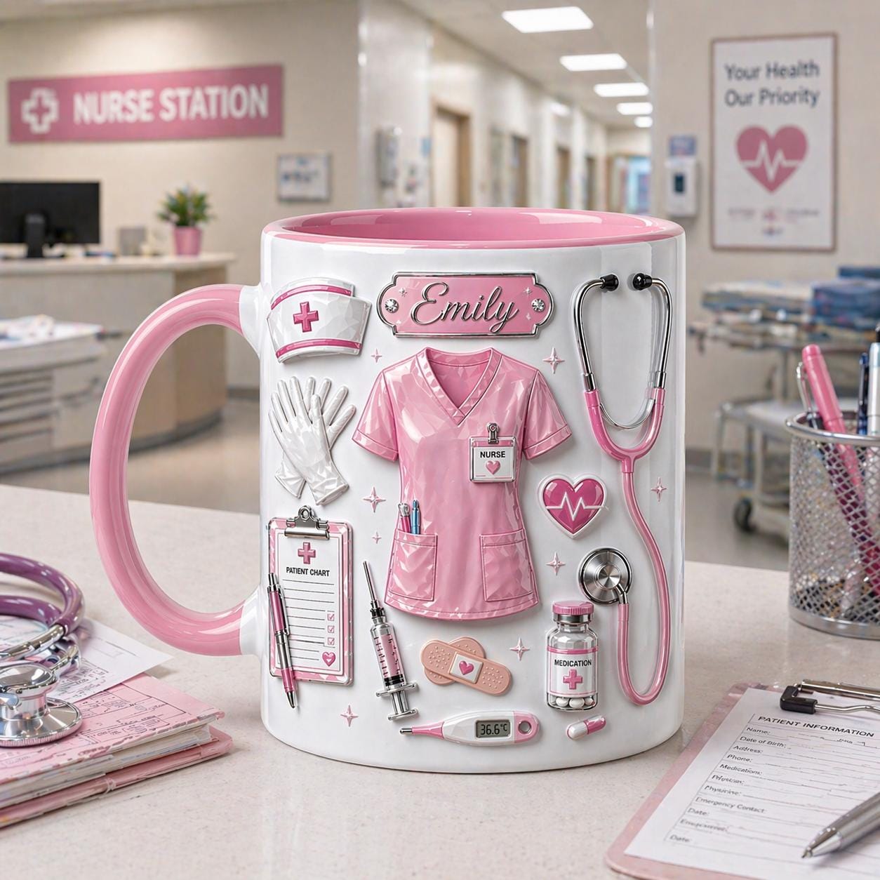 Personalized Nurse Life Embossed Mug, Custom Name Coffee Cup, Nurse Gift, Medical Staff Mug