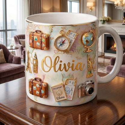 Personalized Travel Mug with Name, Custom Wanderlust Coffee Cup, Travel Lover Gift