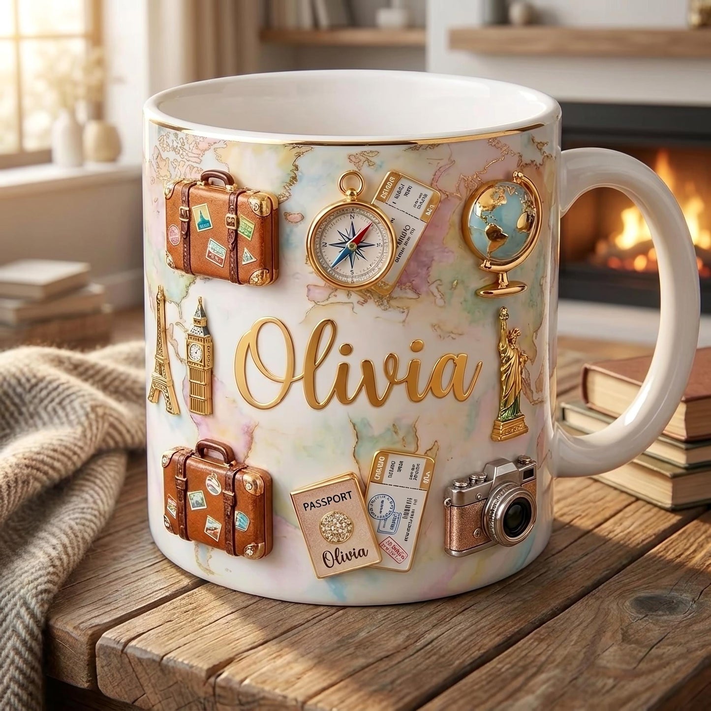 Personalized Travel Mug with Name, Custom Wanderlust Coffee Cup, Travel Lover Gift