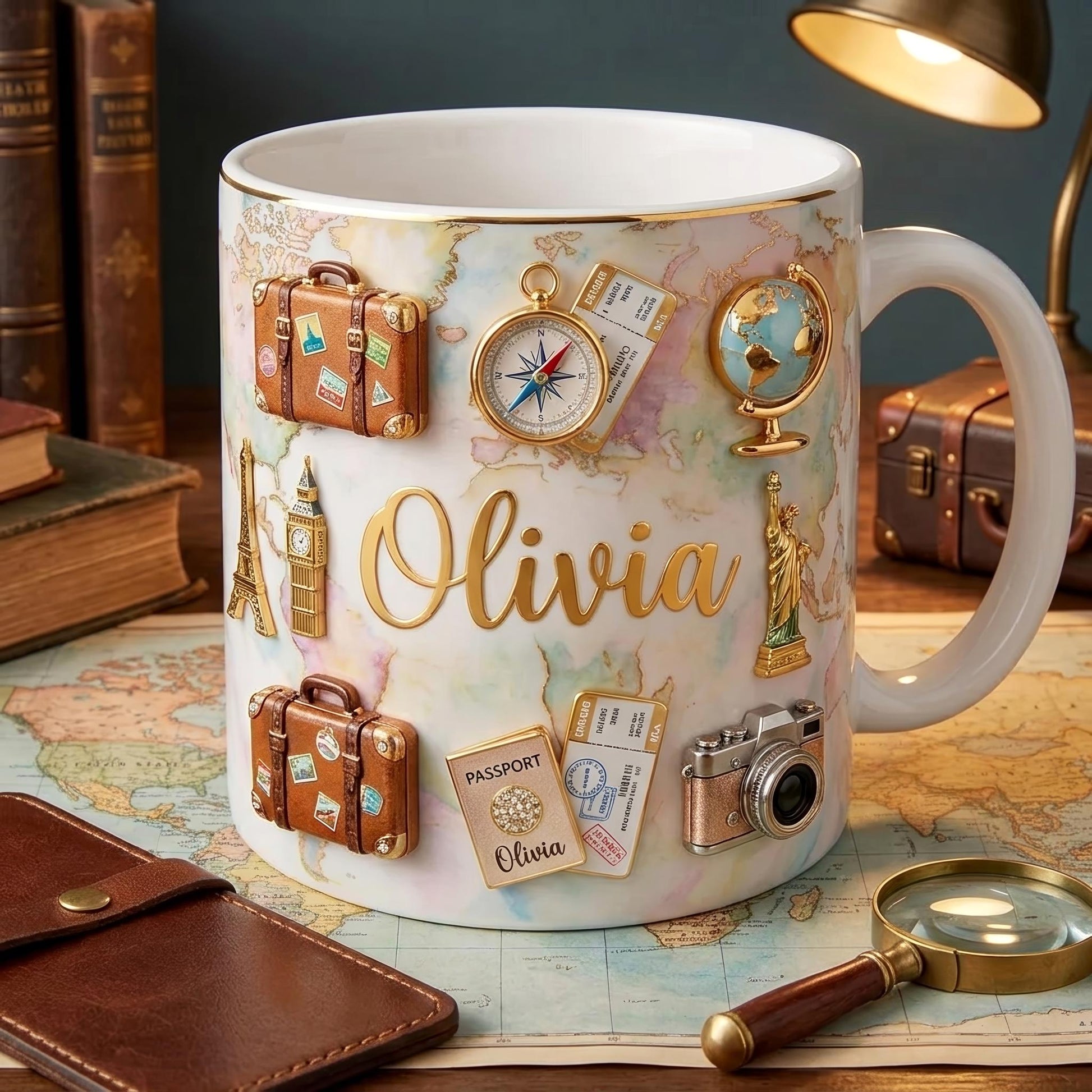 Personalized Travel Mug with Name, Custom Wanderlust Coffee Cup, Travel Lover Gift