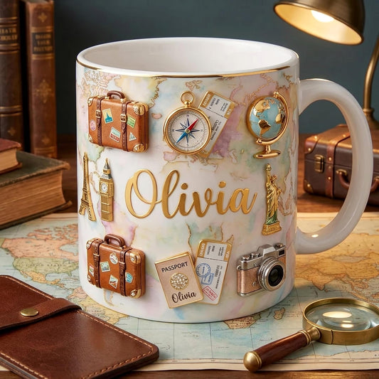 Personalized Travel Mug with Name, Custom Wanderlust Coffee Cup, Travel Lover Gift