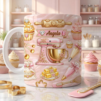 Personalized Baking Mug, Custom Name Baker Coffee Cup, Pink Kitchen Cupcake Design