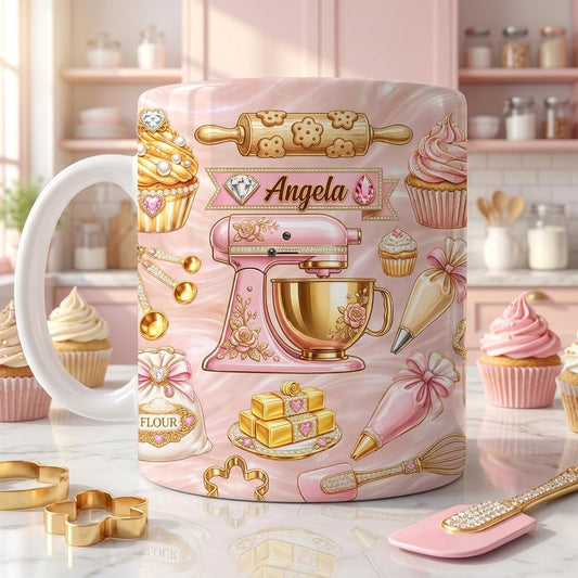 Personalized Baking Mug, Custom Name Baker Coffee Cup, Pink Kitchen Cupcake Design