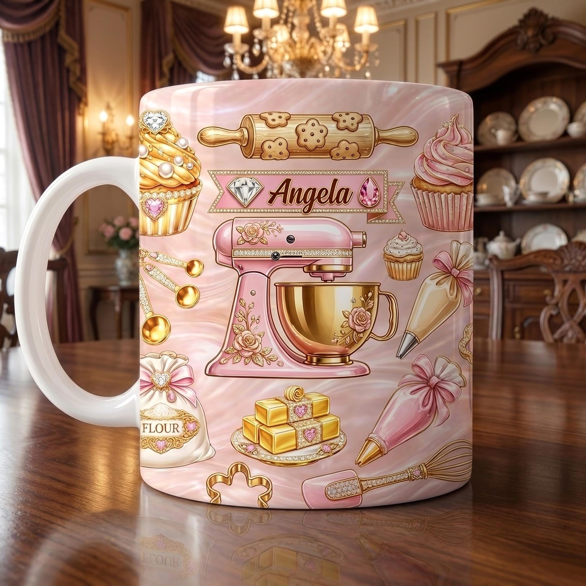 Personalized Baking Mug, Custom Name Baker Coffee Cup, Pink Kitchen Cupcake Design