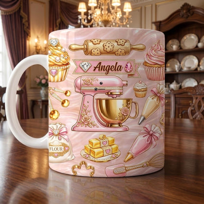 Personalized Baking Mug, Custom Name Baker Coffee Cup, Pink Kitchen Cupcake Design