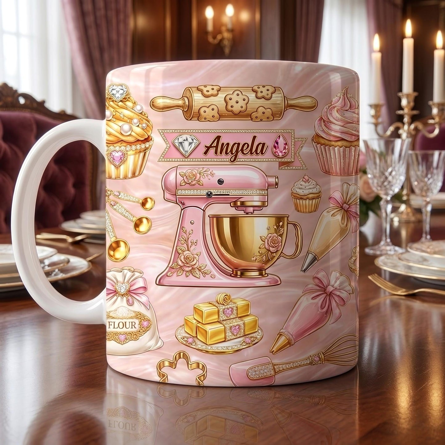 Personalized Baking Mug, Custom Name Baker Coffee Cup, Pink Kitchen Cupcake Design