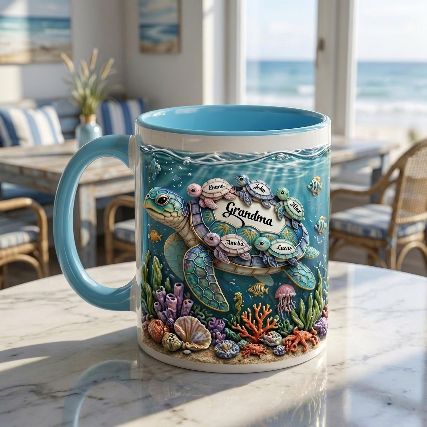 Grandma Mug, Personalized Family Name Mug, Gift for Grandma, Ocean Theme Coffee Mug, Nana Gift