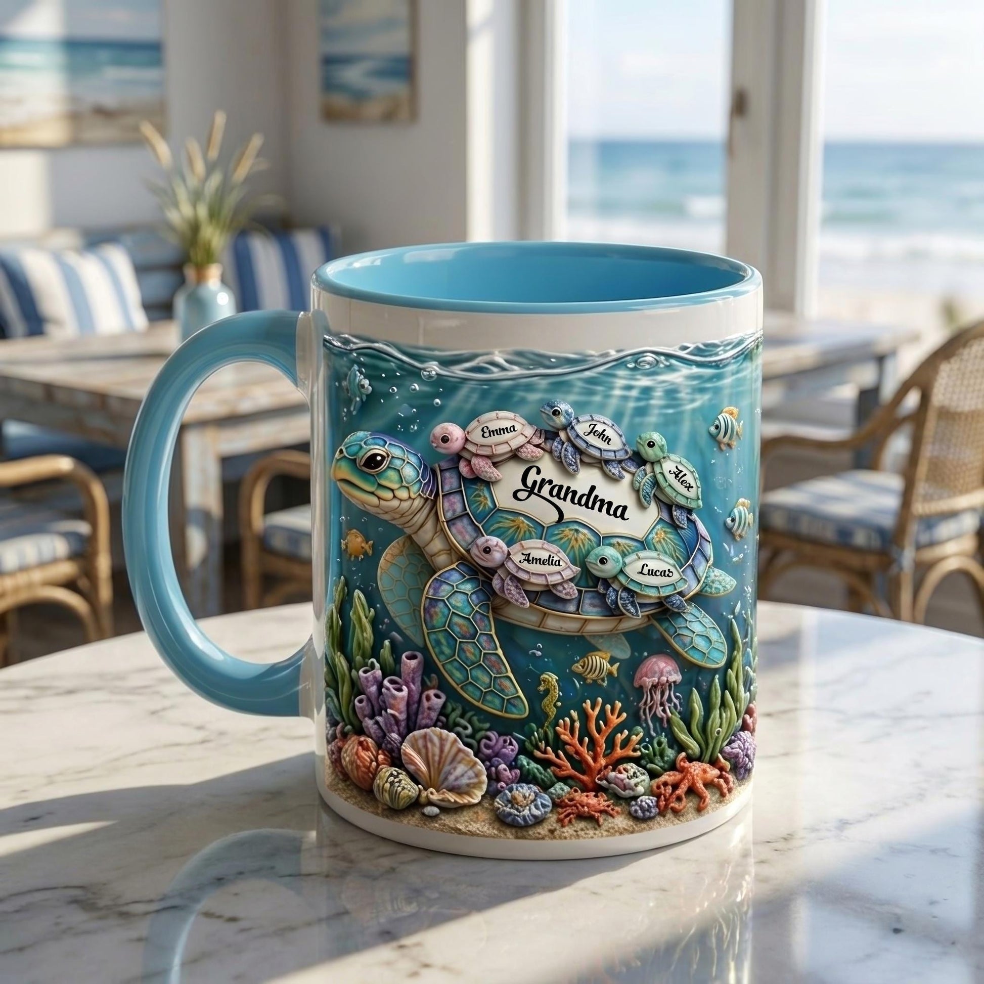 Grandma Mug, Personalized Family Name Mug, Gift for Grandma, Ocean Theme Coffee Mug, Nana Gift