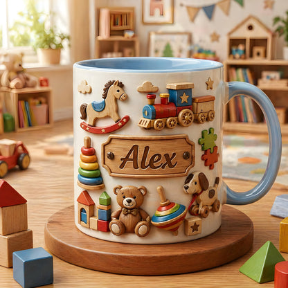 Kids Name Mug, Personalized Baby Mug, Custom Name Cup, Toy Theme Mug, Gift for Toddler Boy